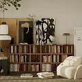 Modern Home Bookcase with Shelves Full of Books Green Plants and Decorative Artworks