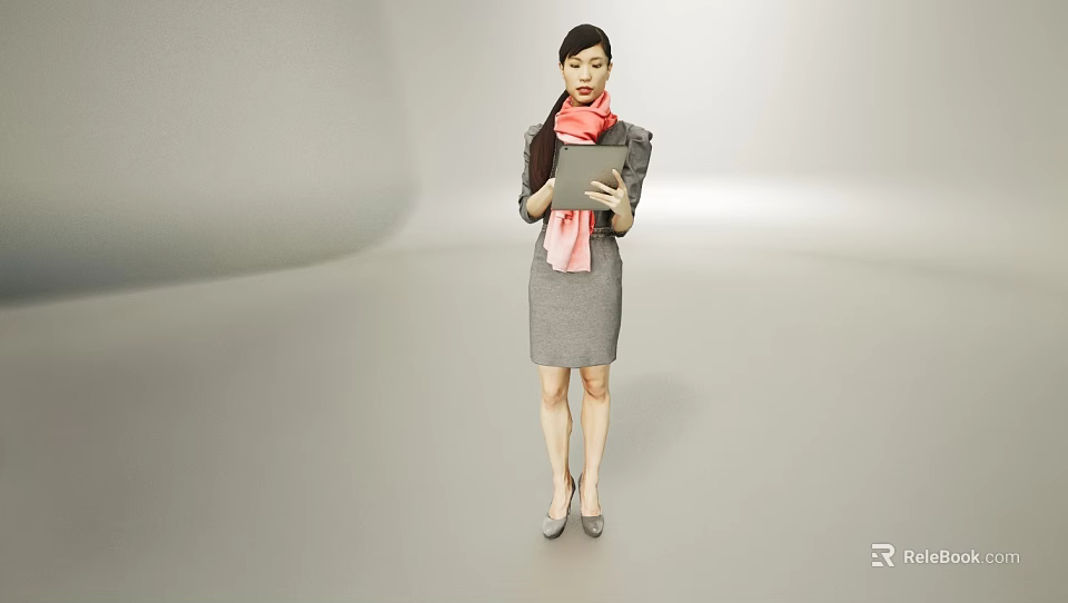 Professional Woman In Gray Dress With Pink Scarf Holding Tablet Against Minimalist Background 3d model 