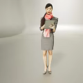 Professional Woman In Gray Dress With Pink Scarf Holding Tablet Against Minimalist Background 3d model