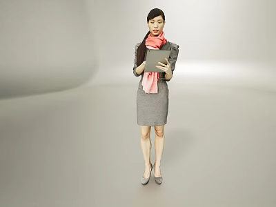 Professional Woman In Gray Dress With Pink Scarf Holding Tablet Against Minimalist Background 3d model