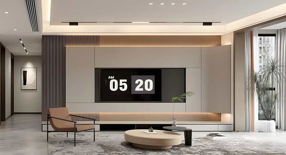 Modern Living Room With TV Wall Armchair Round Coffee Table And Plant 3d model 