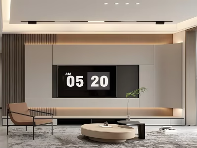 Modern Living Room With TV Wall Armchair Round Coffee Table And Plant 3d model