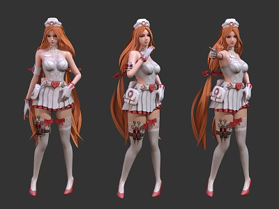Game Movie Character With Orange Long Hair In White Nurse Uniform Multiple Poses Red Accents 3d model