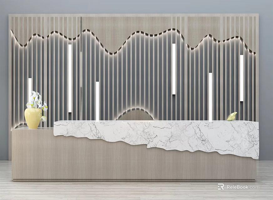 Modern Elegant Reception Desk With Marble Countertop Wavy Grille Background Design And Lighting 3d model 