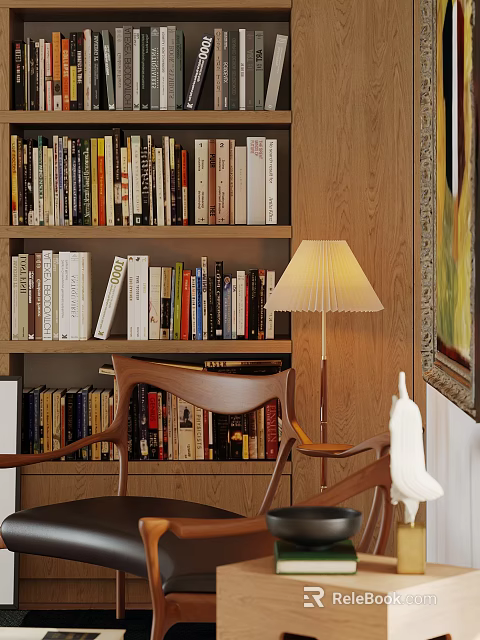 Wooden Bookshelf Filled With Various Books And Table Lamp Near Decorative Painting 3d model 