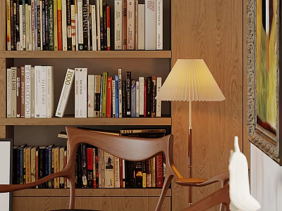 Wooden Bookshelf Filled With Various Books And Table Lamp Near Decorative Painting 3d model