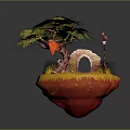 Colorful 3D Floating Island Scene With Tree Path Archway And Red Bird