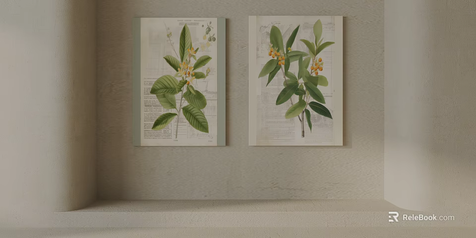 Pair Of Vintage Botanical Prints With Leaf And Flower Illustrations On Wall 3d model 