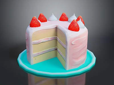Layered Strawberry Cake with Fresh Strawberries and Cream on Blue Plate with Sliced Piece 3d model