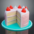 Layered Strawberry Cake with Fresh Strawberries and Cream on Blue Plate with Sliced Piece