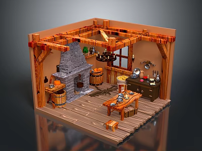 Rustic Kitchen Interior Featuring Wooden Beams Stone Fireplace Hanging Pots And Barrels 3d model