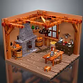 Rustic Kitchen Interior Featuring Wooden Beams Stone Fireplace Hanging Pots And Barrels