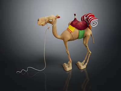 Cartoon Camel Game Character with Red Saddle Green Belt and Spiral Decoration in Animated Style 3d model