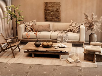 Cozy Beige Sofa And Wooden Coffee Table Set With Decorative Pillows And Plants 3d model