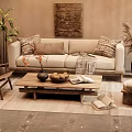 Cozy Beige Sofa And Wooden Coffee Table Set With Decorative Pillows And Plants