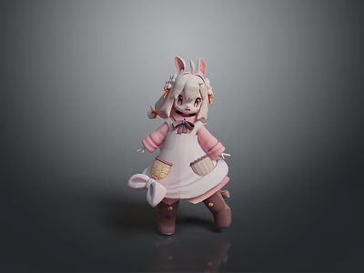 Woman in Cute Rabbit Ears Pink Dress with Apron Cartoon Style 3d model
