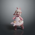 Woman in Cute Rabbit Ears Pink Dress with Apron Cartoon Style