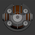 Mechanical Device With Orange Stripes Circular Metallic Components And Transparent Section