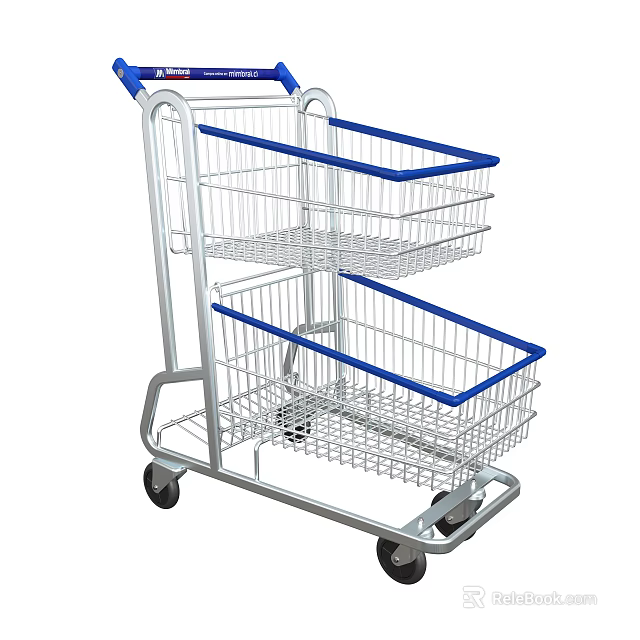 Public Facility Shopping Cart With Blue Trim Metal Frame And Two Tier Basket 3d model 