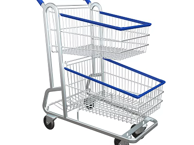 Public Facility Shopping Cart With Blue Trim Metal Frame And Two Tier Basket 3d model