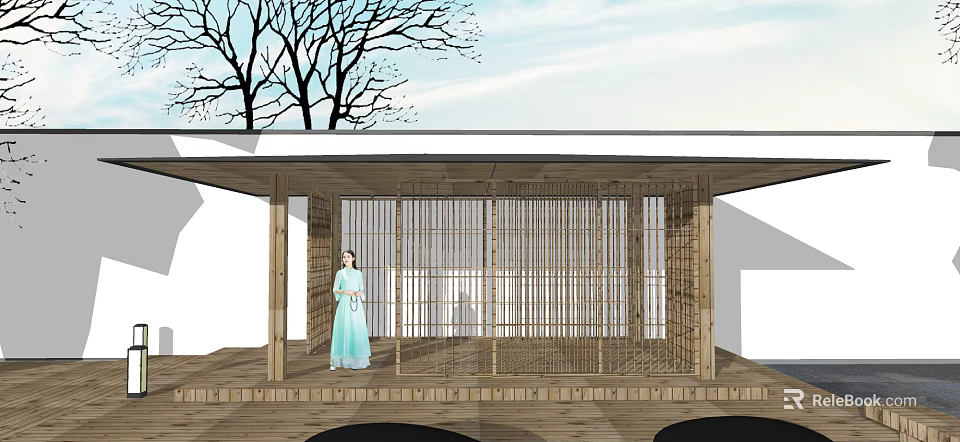 Woman In Traditional Blue Dress Standing By Wooden Pavilion With Lattice Doors And Bare Trees 3d model 