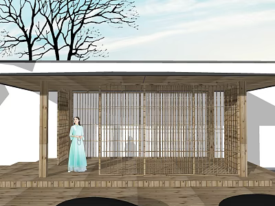 Woman In Traditional Blue Dress Standing By Wooden Pavilion With Lattice Doors And Bare Trees 3d model