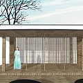 Woman In Traditional Blue Dress Standing By Wooden Pavilion With Lattice Doors And Bare Trees