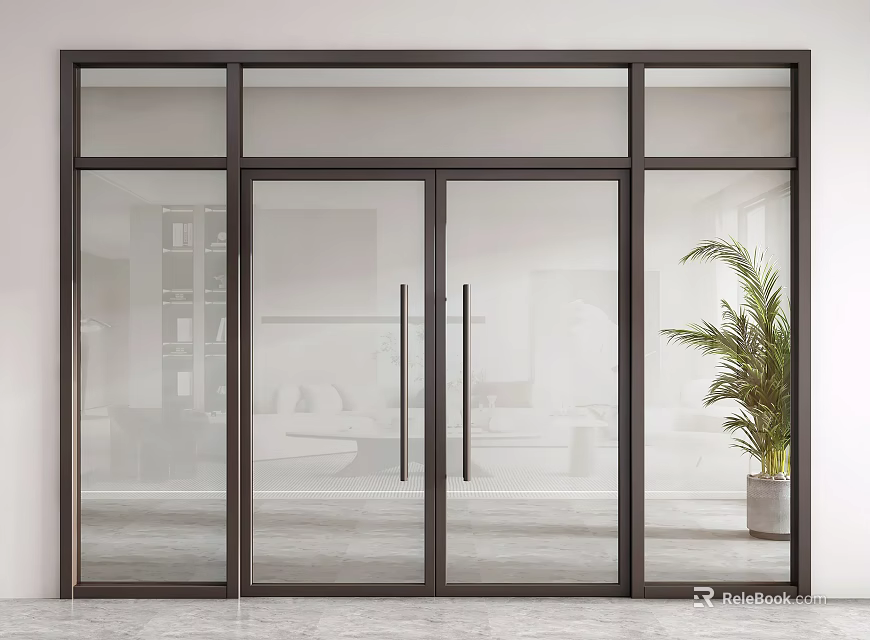 Modern Glass Double Doors With Black Metal Frame In Interior Space And Potted Plant 3d model 