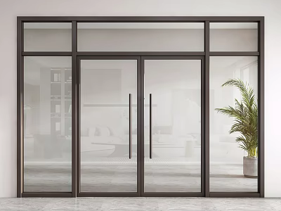 Modern Glass Double Doors With Black Metal Frame In Interior Space And Potted Plant 3d model