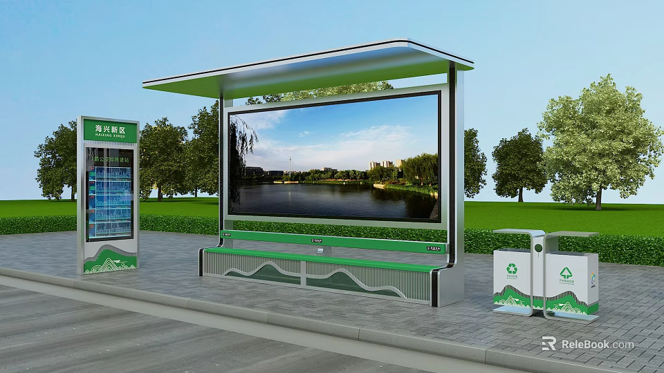 Road Facilities Featuring Modern Bus Shelter With Green Roof Bench Trash Can And Large Screen 3d model 