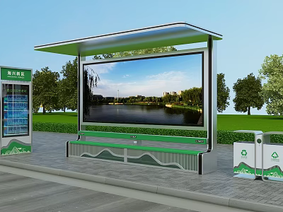 Road Facilities Featuring Modern Bus Shelter With Green Roof Bench Trash Can And Large Screen 3d model