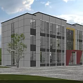 Modern Office Building With Large Glass Windows Gray Exterior Red Entrance And Green Lawn