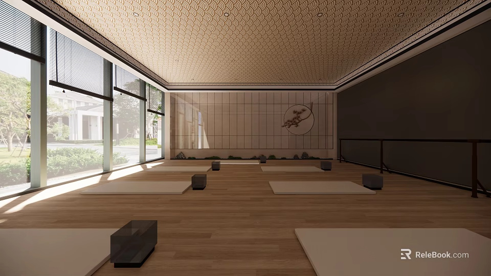 Spacious Club Yoga Room Interior With Wooden Floors Yoga Mats And Japanese Style Decor 3d model 
