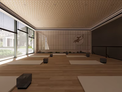 Spacious Club Yoga Room Interior With Wooden Floors Yoga Mats And Japanese Style Decor 3d model