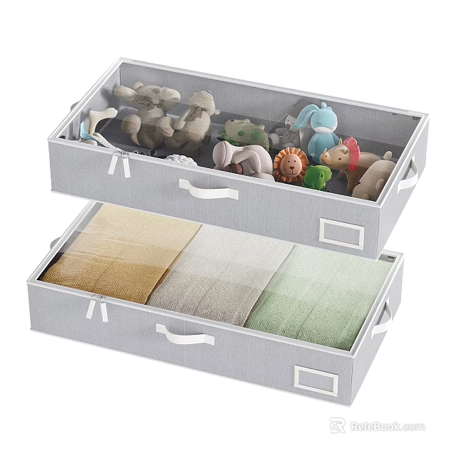 Gray Fabric Drawer Style Storage Baskets with Stuffed Toys and Folded Towels 3d model 