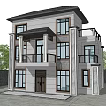 Two Story Detached Villa Exterior Design With Gray Walls Brown Windows And Balcony