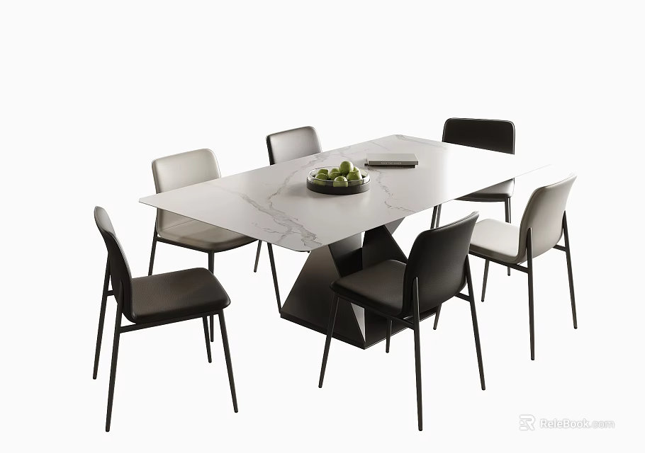 Modern Dining Table Set With Marble Surface And Six Black Chairs Including Fruit Bowl 3d model 