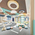 Kindergarten Indoor Play Space Featuring Colorful Ball Pit Slide Small Round Tables Green Lawn And Decorative Ceiling