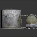 Industrial Storage Equipment Setup With Large Cylindrical Tank Green Storage Tanks Metal Framework And Gas Cylinder