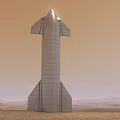 Silver Rocket Standing On Mars Desert Landscape With Mountain Range And Sky