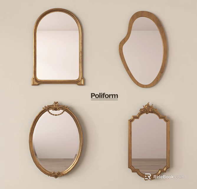 Poliform Decorative Mirrors With Golden Frames In Various Shapes For Home Decor 3d model 