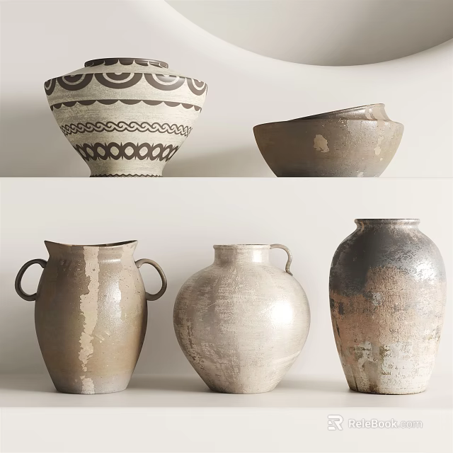 Vintage Ceramic Vessels With Handles Textured Surfaces And Patterned Designs In Earthy Hues 3d model 