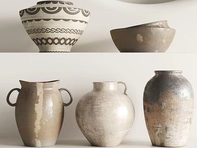 Vintage Ceramic Vessels With Handles Textured Surfaces And Patterned Designs In Earthy Hues 3d model