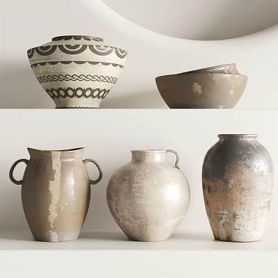 Vintage Ceramic Vessels With Handles Textured Surfaces And Patterned Designs In Earthy Hues 3d model