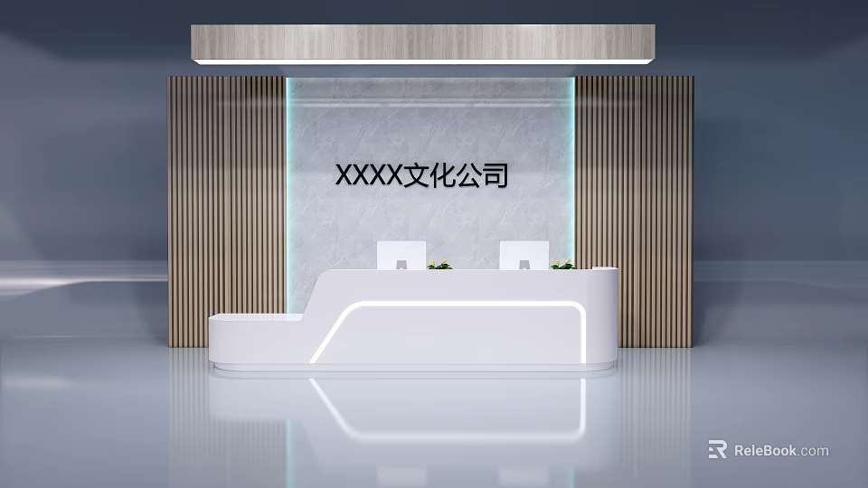 Modern Office Reception Wall Design With Wooden Striped Panels And White Desk 3d model 