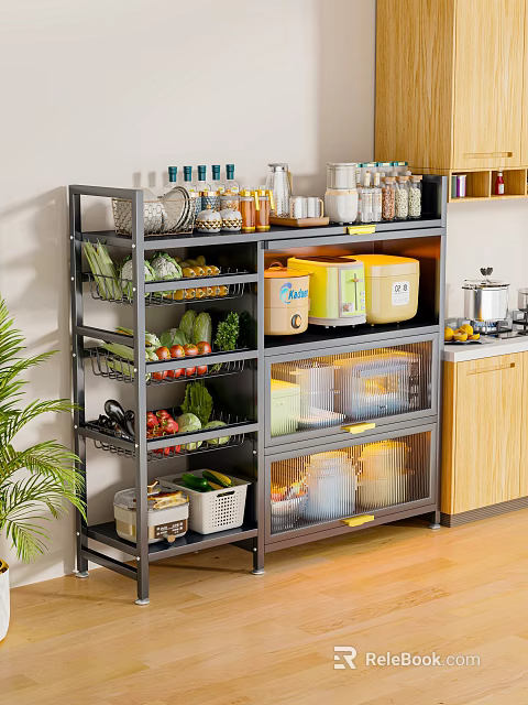 Glass Doors Kitchen Cabinets With Multi Tier Storage For Vegetables Fruits Jars And Boxes 3d model 