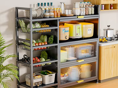 Glass Doors Kitchen Cabinets With Multi Tier Storage For Vegetables Fruits Jars And Boxes 3d model
