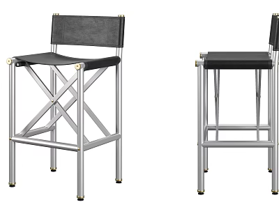 Modern Bar Stools With Black Leather Seat Backrest And Silver Metal X Shaped Frame 3d model
