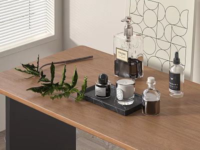 Perfume and Cosmetics Display on Wooden Table with Green Plants Window and Geometric Wall Decor 3d model