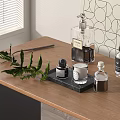 Perfume and Cosmetics Display on Wooden Table with Green Plants Window and Geometric Wall Decor